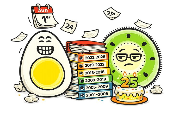 L’œuf et le kiwi, mascottes de Blablagues, mis en scène sur le thème : Vingt-cinq ans d'archives – boîte d'archives, calendrier qui s'effeuille, gâteau d'anniversaire.
