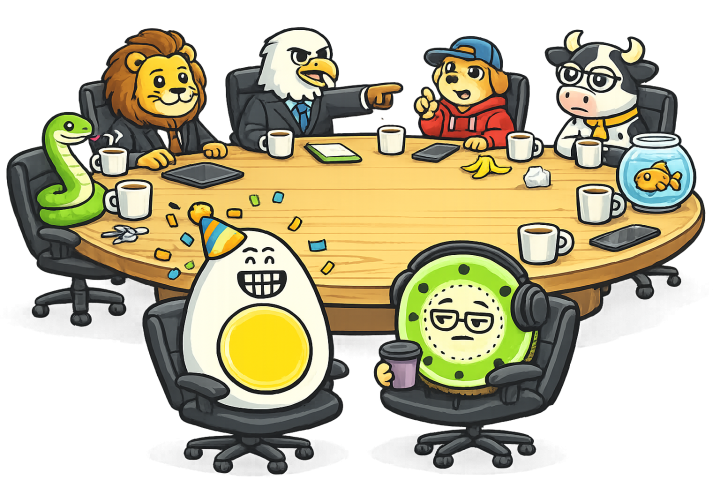 L’œuf et le kiwi, mascottes de Blablagues, mis en scène sur le thème : Les animaux – chien, chat, poule qui vole.