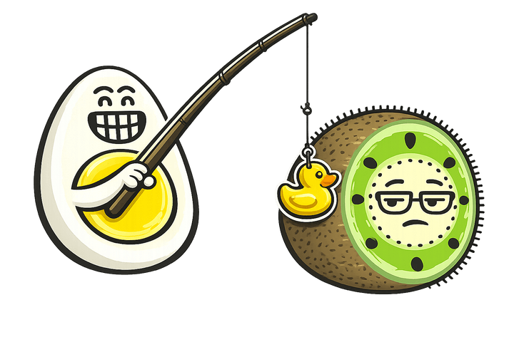 L’œuf et le kiwi, mascottes de Blablagues, mis en scène sur le thème : Les attrape-nigauds et les farces – seau en équilibre au-dessus d'une porte, peau de banane, coussin péteur.