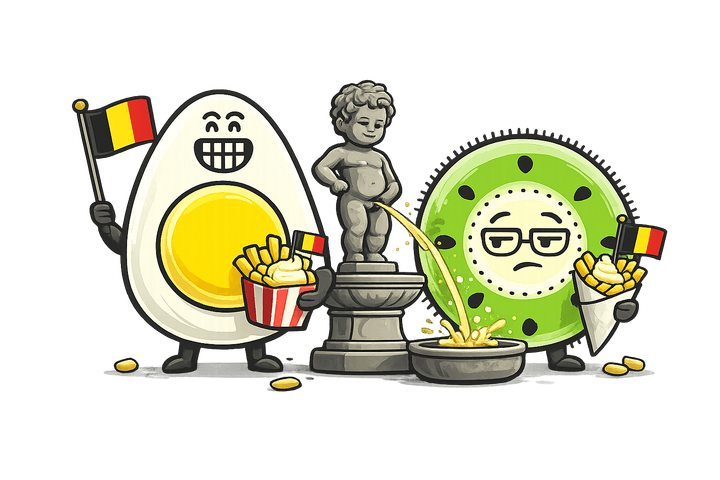 L’œuf et le kiwi, mascottes de Blablagues, mis en scène sur le thème : Les Belges – frites, Manneken-Pis, drapeau belge.