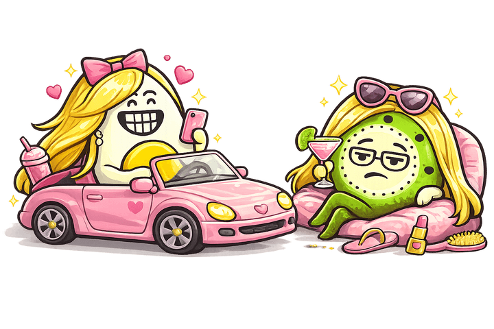 L’œuf et le kiwi, mascottes de Blablagues, mis en scène sur le thème : Les blagues de blondes – miroir de poche, sèche-cheveux, mèche blonde.