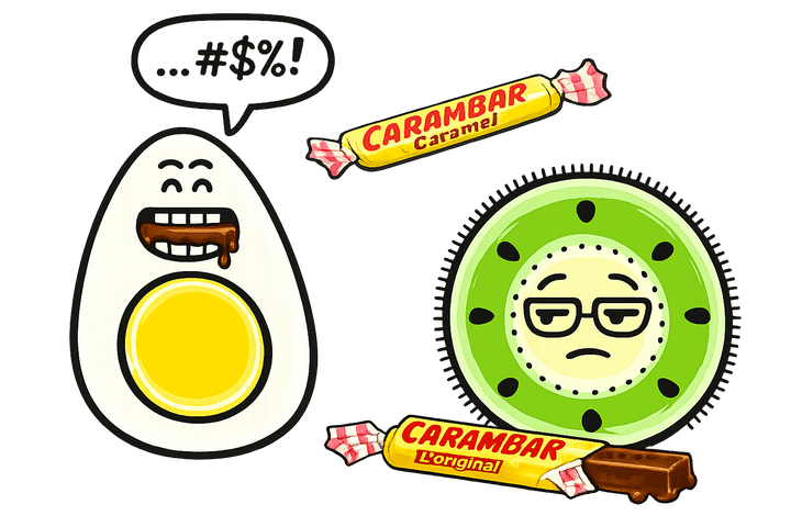 L’œuf et le kiwi, mascottes de Blablagues, mis en scène sur le thème : L'anthologie des blagues Carambar – papiers de bonbon empilés, caramel qui s'étire, bocal.