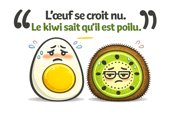 L’œuf et le kiwi, mascottes de Blablagues, mis en scène sur le thème : Les citations drôles – guillemets géants, plume et encrier, buste antique.