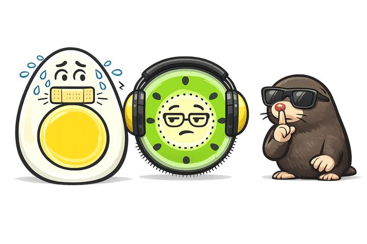 L’œuf et le kiwi, mascottes de Blablagues, mis en scène sur le thème : Les combles par métier – casque de chantier, ciseaux de coiffeur, truelle.