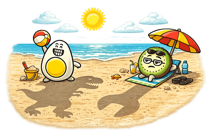 L’œuf et le kiwi, mascottes de Blablagues, mis en scène sur le thème : Les vacances – valise, bouchon sur l'autoroute, parasol.