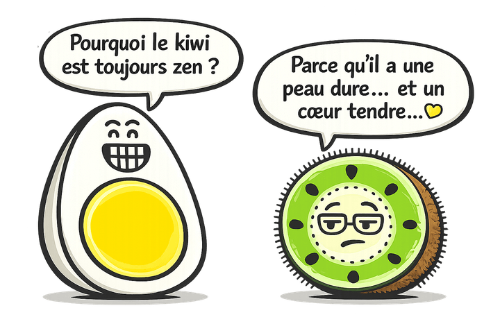 L’œuf et le kiwi, mascottes de Blablagues, mis en scène sur le thème : Les devinettes – point d'interrogation géant, ampoule qui s'allume, sphinx.