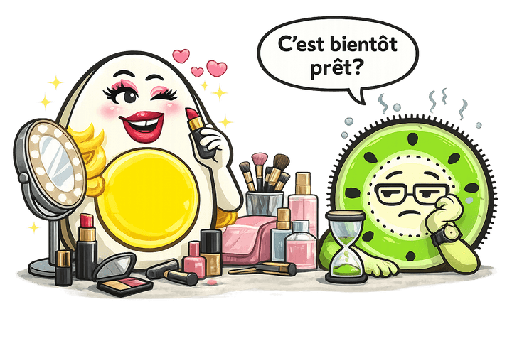 L’œuf et le kiwi, mascottes de Blablagues, mis en scène sur le thème : Les blagues sur les femmes – sac à main, paire de talons, miroir.