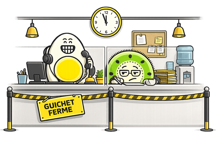 L’œuf et le kiwi, mascottes de Blablagues, mis en scène sur le thème : Le travail et les réunions – table de réunion, tasse de café, horloge murale.
