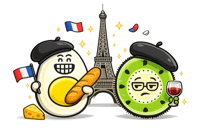 L’œuf et le kiwi, mascottes de Blablagues, mis en scène sur le thème : Les Français – Tour Eiffel, baguette de pain, drapeau de la France.