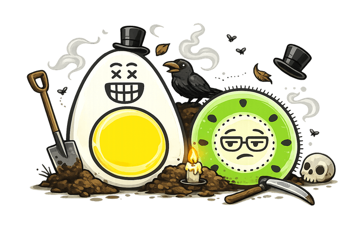 L’œuf et le kiwi, mascottes de Blablagues, mis en scène sur le thème : L'humour noir – corbeau, pelle, chapeau haut de forme.