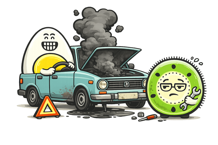 L’œuf et le kiwi, mascottes de Blablagues, mis en scène sur le thème : Les blagues sur les Lada – vieille voiture carrée en panne, fumée qui sort du capot, chapka.