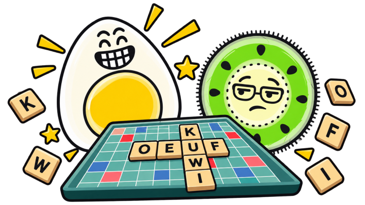 L’œuf et le kiwi, mascottes de Blablagues, mis en scène sur le thème : Les meilleurs jeux de mots – lettres qui s'entrechoquent, dictionnaire, plateau de scrabble.