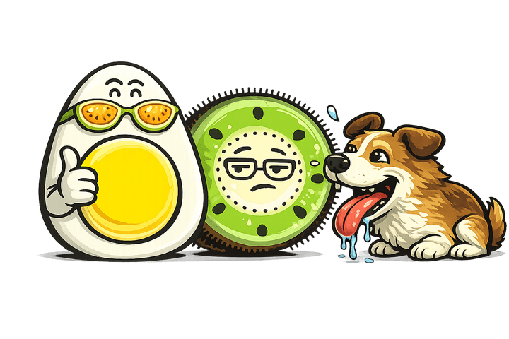 L’œuf et le kiwi, mascottes de Blablagues, mis en scène sur le thème : Melon et Melèche – melon coupé, deux syllabes qui s'échangent, toupie.