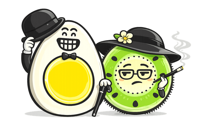 L’œuf et le kiwi, mascottes de Blablagues, mis en scène sur le thème : Les blagues de soirée – table de repas, verres qui trinquent, guirlande.