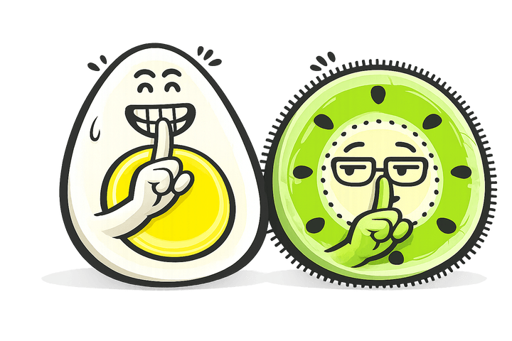 L’œuf et le kiwi, mascottes de Blablagues, mis en scène sur le thème : Les blagues on ne dit pas – tableau noir, doigt levé de professeur, panneau d'interdiction.