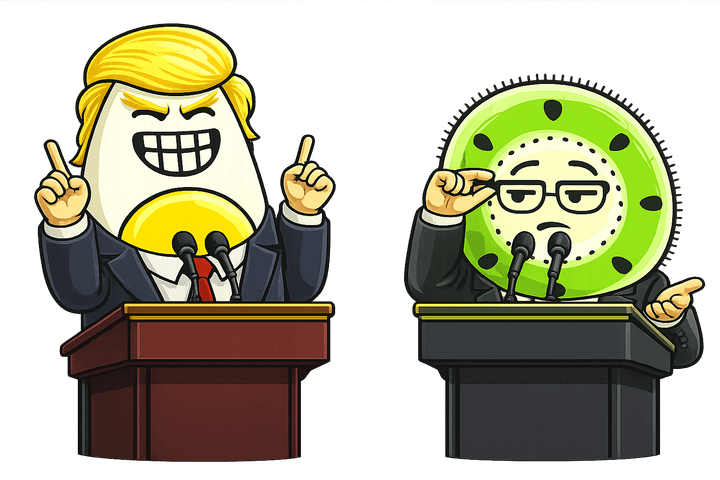 L’œuf et le kiwi, mascottes de Blablagues, mis en scène sur le thème : La politique en images – urne de vote, pancarte, mégaphone.
