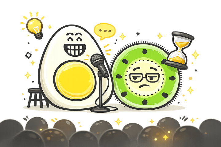 L’œuf et le kiwi, mascottes de Blablagues, mis en scène sur le thème : L'art de raconter une blague – micro de scène, public attentif, sablier.