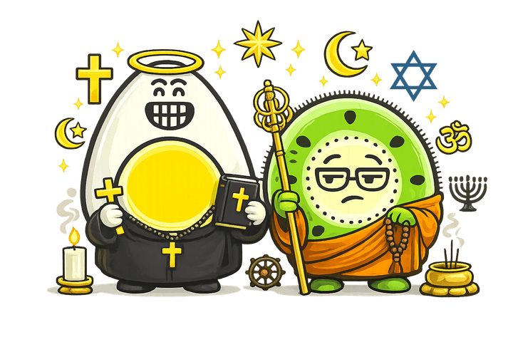L’œuf et le kiwi, mascottes de Blablagues, mis en scène sur le thème : La religion – comptoir de bar, vitrail, cloche.