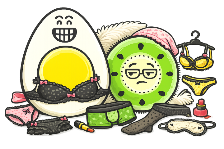 L'œuf et le kiwi, mascottes de Blablagues avec de la lingerie