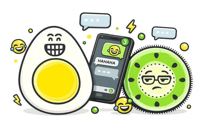 L’œuf et le kiwi, mascottes de Blablagues, mis en scène sur le thème : Les blagues envoyées par message – smartphone, bulle de message, pouce sur un clavier.