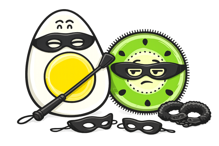 L'œuf et le kiwi, mascottes de Blablagues avec masques noirs et cravache
