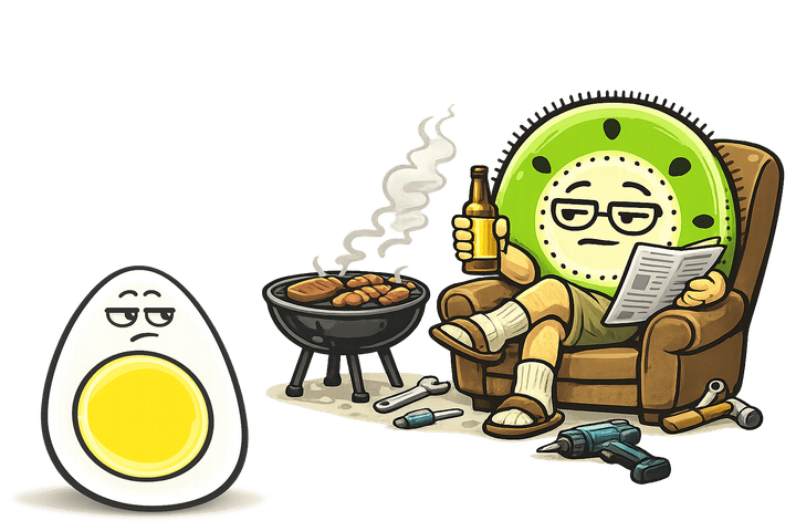 L’œuf et le kiwi, mascottes de Blablagues, mis en scène sur le thème : Les vannes Ton Père – fauteuil relax, pantoufles, tondeuse à gazon.