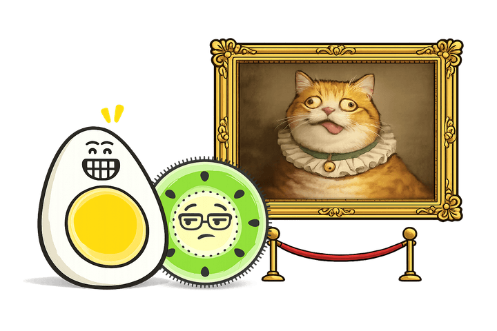 L'œuf et le kiwi, mascottes de Blablagues, mis en scène sur le thème des chats : un chat endormi en travers d'un clavier, l'œuf qui essaie de travailler quand même.