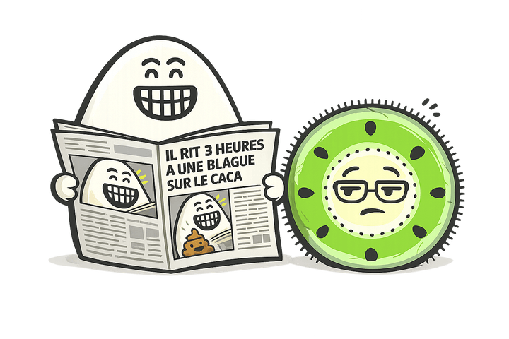 L’œuf et le kiwi, mascottes de Blablagues, mis en scène sur le thème : Les pépites et les news insolites – pépite d'or, loupe, journal froissé.