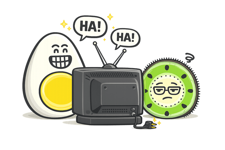 L’œuf et le kiwi, mascottes de Blablagues, mis en scène sur le thème : Les vidéos drôles – clap de cinéma, pellicule qui se déroule, pot de pop-corn.