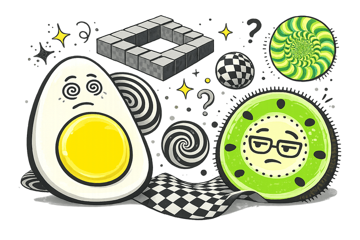 L’œuf et le kiwi, mascottes de Blablagues, mis en scène sur le thème : Les illusions d'optique – escalier impossible, spirale, damier ondulé.