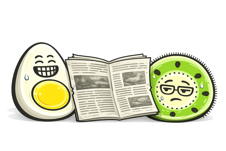 L’œuf et le kiwi, mascottes de Blablagues, mis en scène sur le thème : Les articles de presse involontairement drôles – journal ouvert, une bancale, loupe.