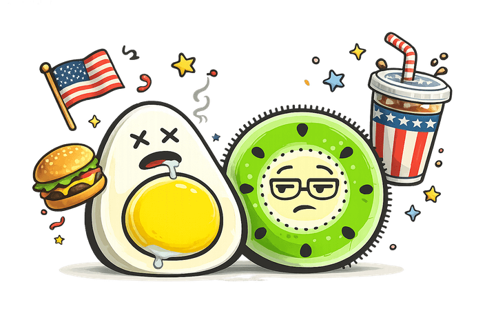L’œuf et le kiwi, mascottes de Blablagues, mis en scène sur le thème : Les États-Unis – gobelet de soda géant, hamburger, drapeau américain.