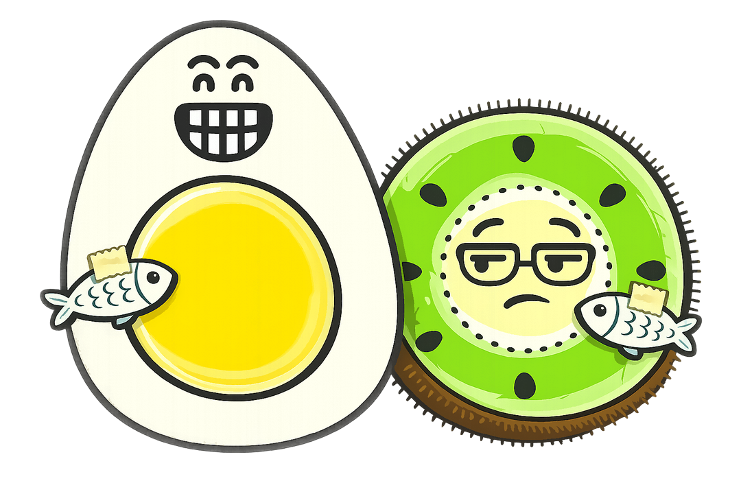 L’œuf et le kiwi, mascottes de Blablagues, mis en scène sur le thème : Le 1er avril – poisson en papier accroché dans le dos, ciseaux, ruban adhésif.
