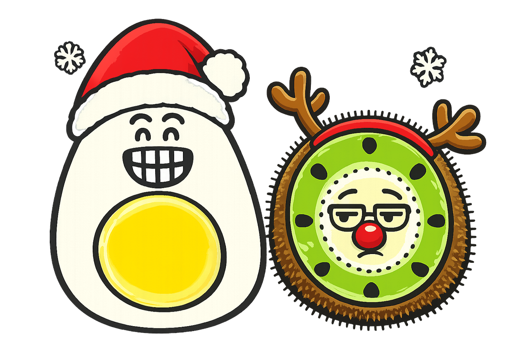 L’œuf et le kiwi, mascottes de Blablagues, mis en scène sur le thème : Noël en famille – sapin, table de réveillon, paquet cadeau.