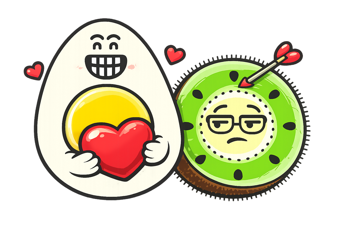 L’œuf et le kiwi, mascottes de Blablagues, mis en scène sur le thème : La Saint-Valentin – cœur, bouquet acheté en station-service, table pour deux.