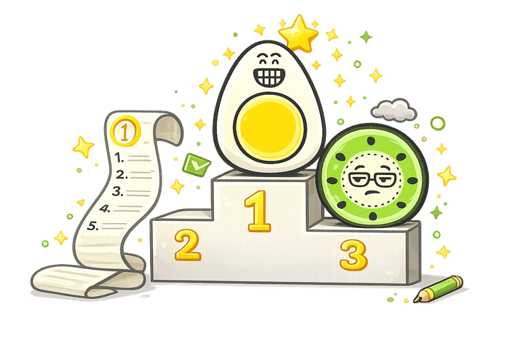 L’œuf et le kiwi, mascottes de Blablagues, mis en scène sur le thème : Le palmarès des meilleures blagues – podium à trois marches, trophée, couronne de laurier.