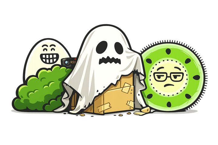 L’œuf et le kiwi, mascottes de Blablagues, mis en scène sur le thème : Les caméras cachées – caméra planquée dans un buisson, passant surpris, jumelles.