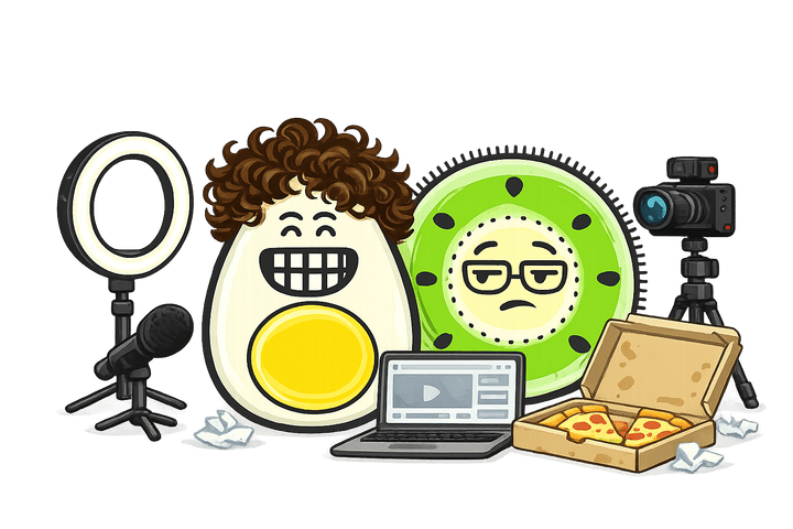 L’œuf et le kiwi, mascottes de Blablagues, mis en scène sur le thème : Les vidéos face caméra – anneau lumineux, trépied, chambre en désordre.