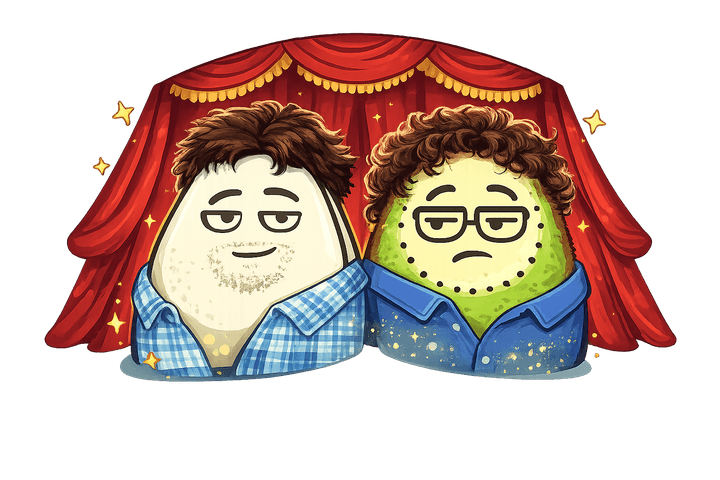 L’œuf et le kiwi, mascottes de Blablagues, mis en scène sur le thème : Les duos comiques – deux costumes assortis, rideau de scène, perruque.