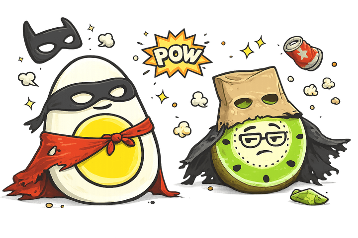 L’œuf et le kiwi, mascottes de Blablagues, mis en scène sur le thème : Les devinettes pour enfants – point d'interrogation géant, banquette arrière de voiture, ampoule.
