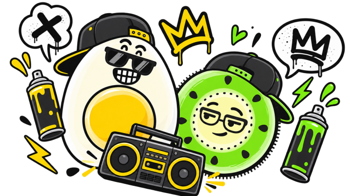L’œuf et le kiwi, mascottes de Blablagues, mis en scène sur le thème : La discussion libre – banc public, deux tasses, bulles de dialogue.