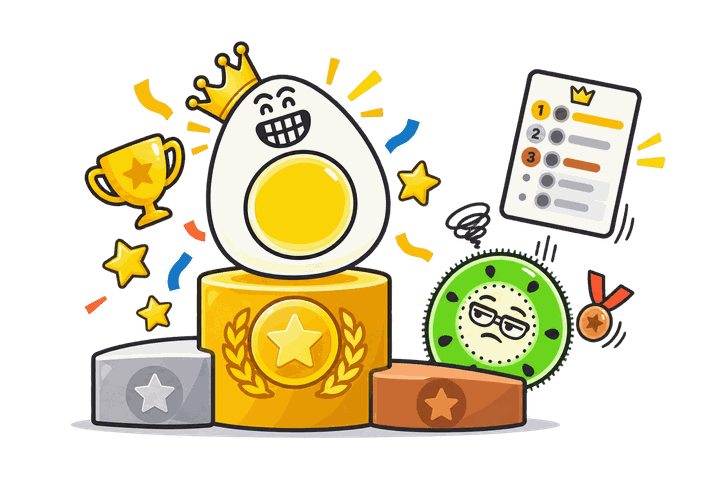 Les mascottes de Blablagues sur un podium, coupe et médailles